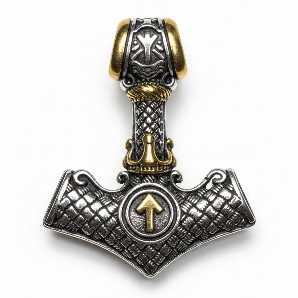 Sinnikäs Wikinger Thors Hammer Anhänger aus Edelstahl mit goldener Tiwaz-Rune und detaillierter Flechtmuster-Gravur.