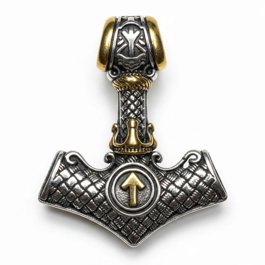 Sinnikäs Wikinger Thors Hammer Anhänger aus Edelstahl mit goldener Tiwaz-Rune und detaillierter Flechtmuster-Gravur.