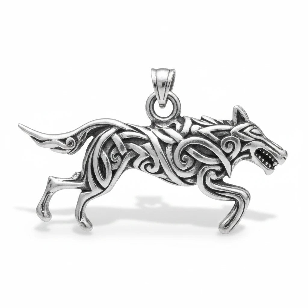 Sinnikäs Wikinger Fenrir Anhänger aus Edelstahl in Seitenansicht mit detailliertem Wolfsmotiv im Knotenmuster-Stil.