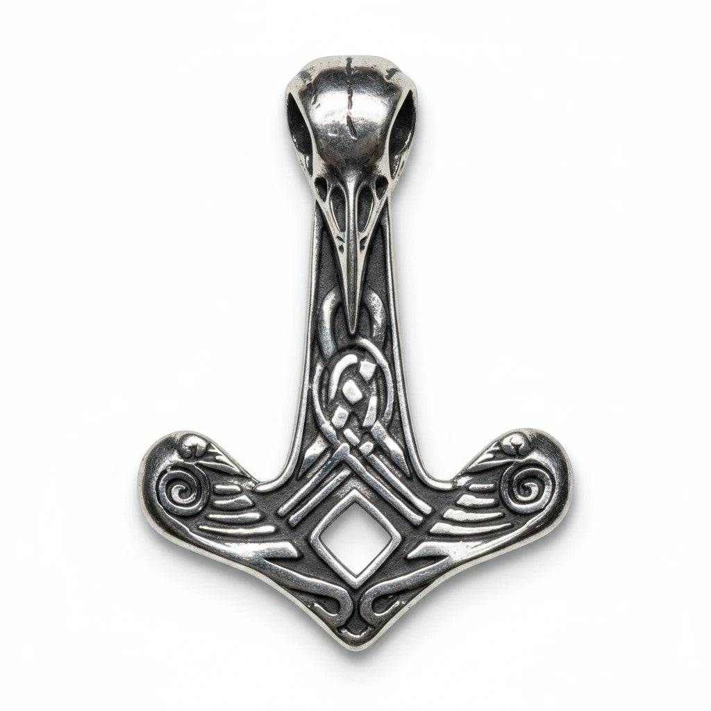 Sinnikäs Wikinger Rabe Anhänger aus Edelstahl mit detailliertem Rabenkopf-Design und keltischen Knotenmustern.