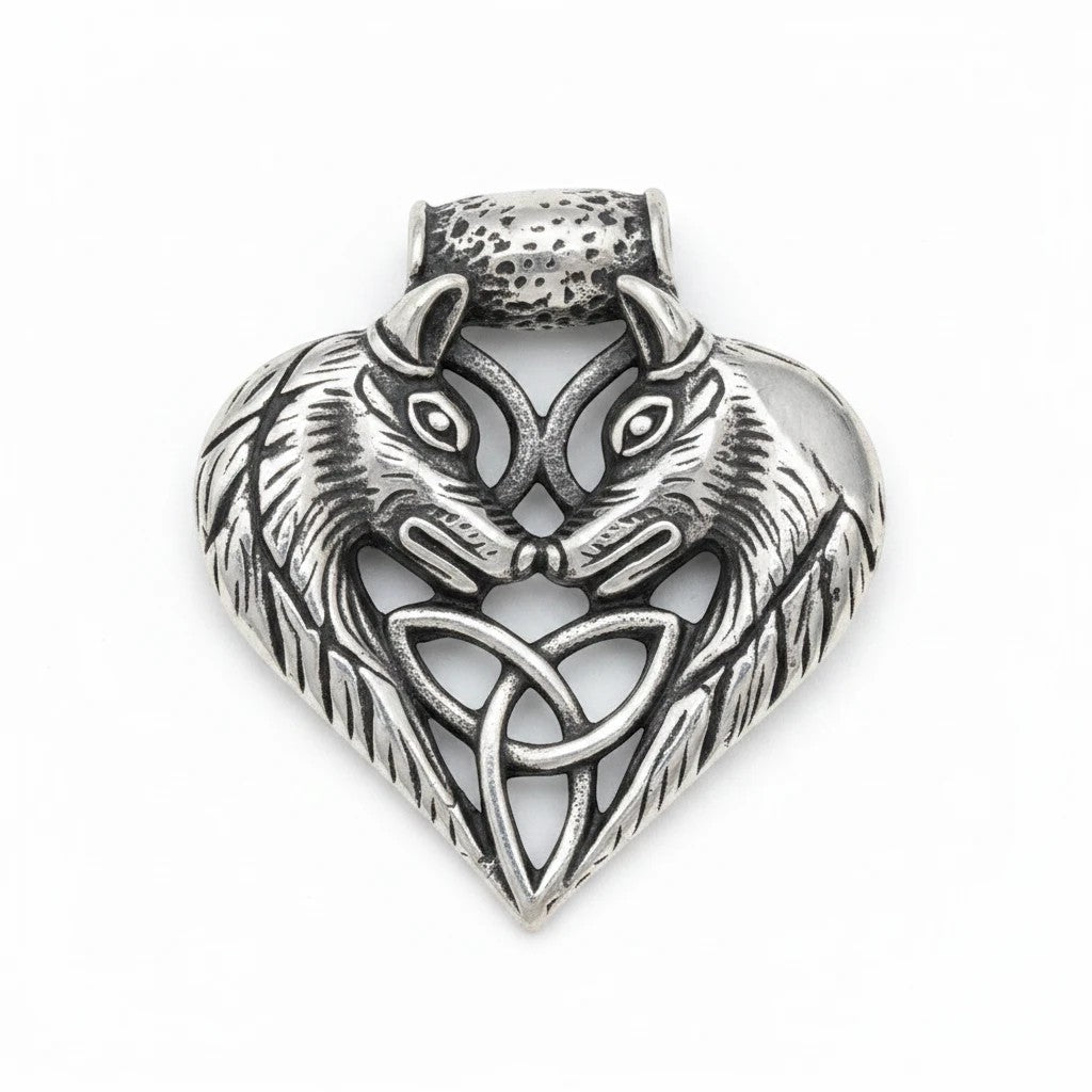Sinnikäs Edelstahl-Anhänger Geri und Freki in Herzform mit detaillierten Wolfsgravuren und keltischem Knoten.